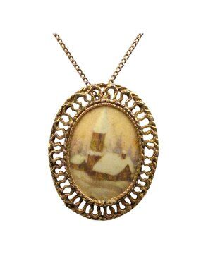Western Germany Winter Sugar Pin Pendant, Vintage Brass and Porcelain